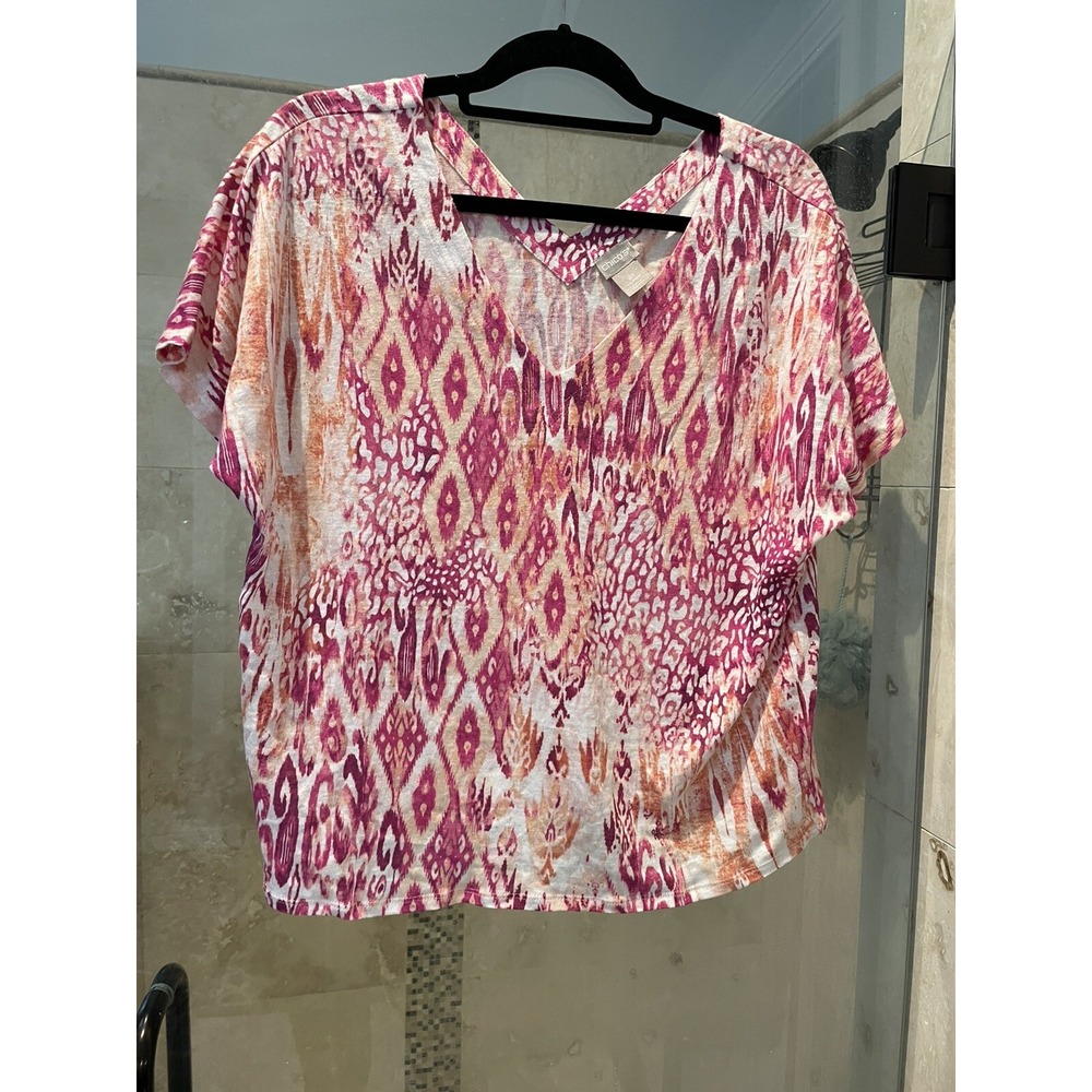 Chicos Pink Paisley Tie Dye Linen V-Neck Blouse Top Size 2P Petite